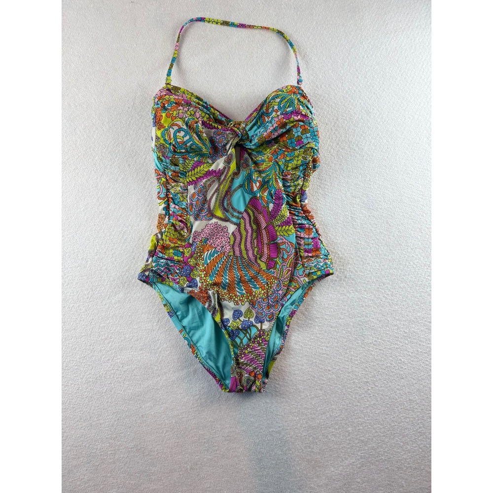 Trina Turk Womens Multicolor Psychedelic Paisley Halter One Piece Swimsuit
